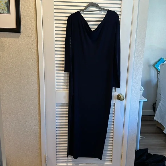 Norma Kamali Dress- Long Sleeve Drop Shoulder Side Slit Gown - True Navy-Large - Picture 13 of 14